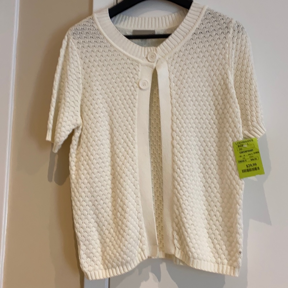 NEW large short sleeved white 2 button sweater.
